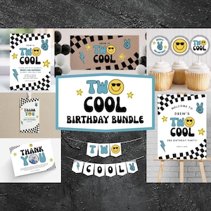 May include: A Two Cool birthday party bundle featuring black and white checkered patterns, yellow smiley faces with sunglasses, blue lightning bolts, and peace sign hand gestures. The set includes invitations, cupcake toppers, banners, and thank you cards.