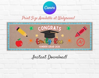 Kinder Graduation Painted Banner Template: Editable Kraft Paper Personalized Pre-K or Kindergarten Grad Sign