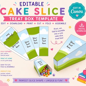Puede incluir: Una plantilla editable de caja para dulces en forma de rebanada de pastel con un diseño de paisaje verde y cielo azul. La descarga digital incluye un diseño plano, una caja ensamblada y una caja pequeña llena de dulces redondos de colores.