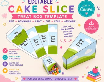 Editable Cake Slice Treat Box Template | Canva DIY Party Favor (Digital Download)