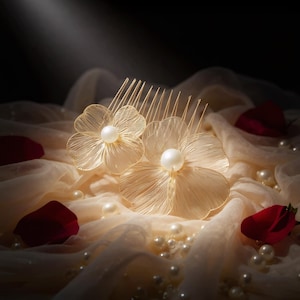 Gold Flower Hair Comb with Pearl | Bridal Hair Accessory | Wedding Hairpiece | Elegant Floral Hair Pin for Bride or Bridesmaids