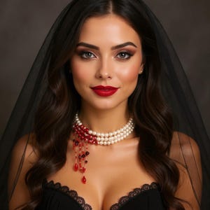 Gothic Pearl Choker – Red Bead Vampire Necklace, Victorian Halloween Jewelry