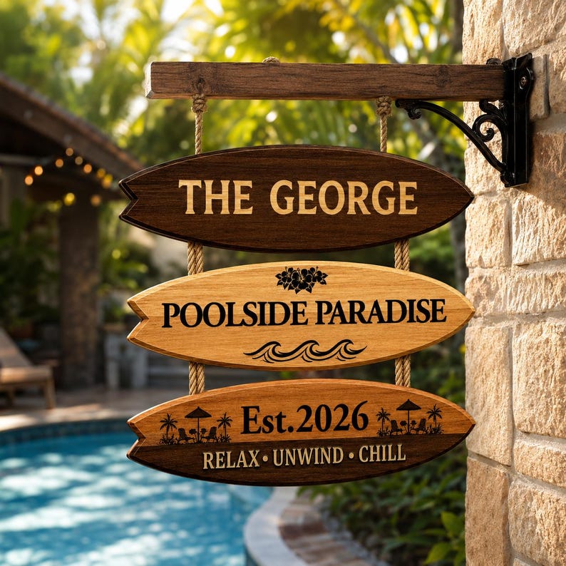 Personalized Poolside Paradise Sign, Custom Family Name Pool Sign ...