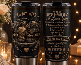 Personalized To My Wife Tumbler from Husband, Anniversary Gift for Her, Custom Couple Name Travel Mug, Romantic Birthday Soulmate Keepsake