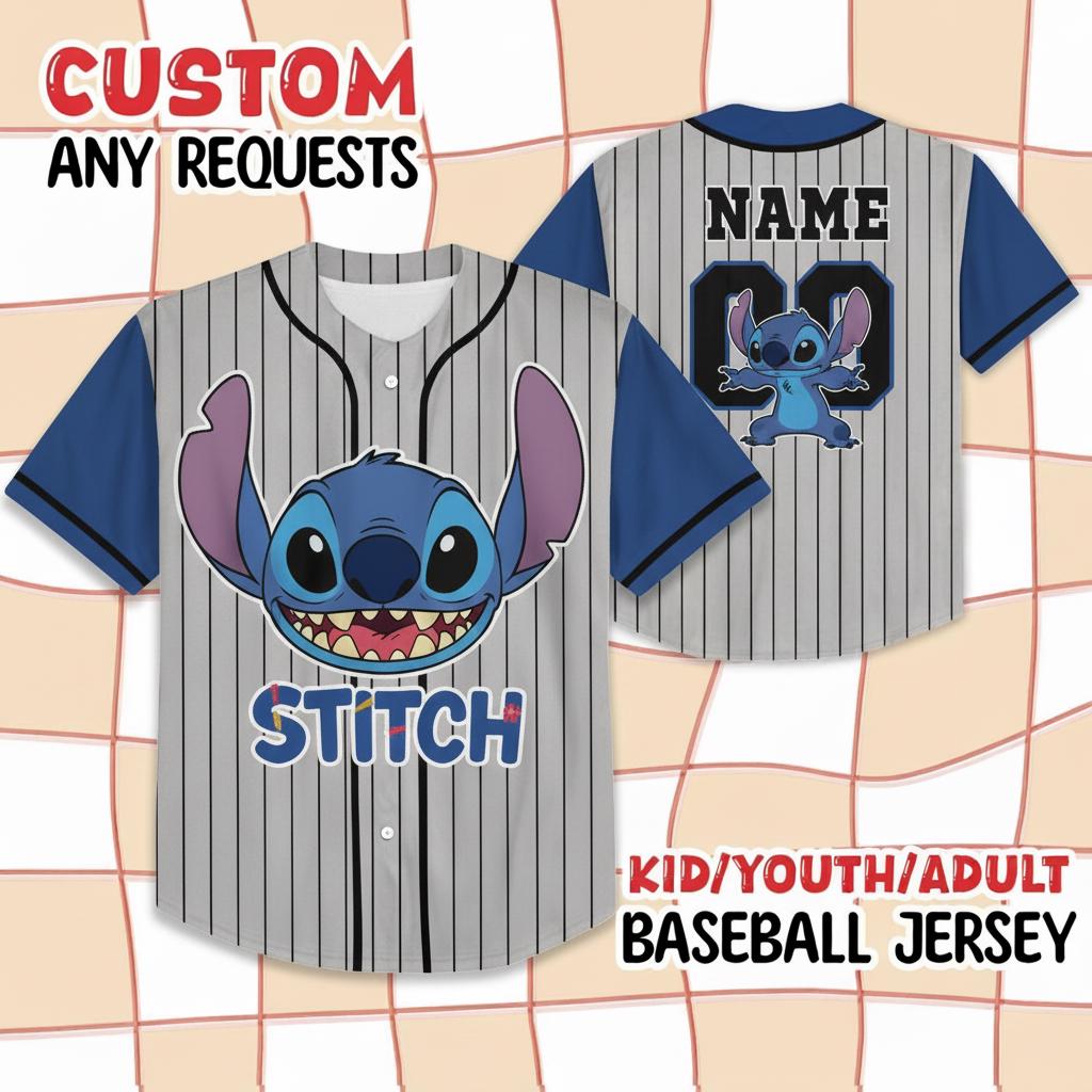 Discover Personalize Disney Stitch Blue, Custom Kid Youth Adult Disney Jersey, Disney Baseball Jersey, Gifts For Disney Fans, Cute Stick Jersey