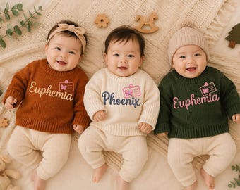 Carte d'identité personnalisée pour bébé, nom personnalisé brodé petit pull en tricot pour tout-petit humain, cadeau drôle de baby shower, tenue de retour à la maison