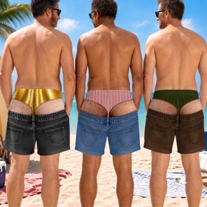 May include: Three individuals seen from the back wearing denim-style shorts with integrated thong-style underwear. The left pair is black denim with gold fabric, the centre is blue denim with red and white stripes, and the right is brown denim with olive green fabric.