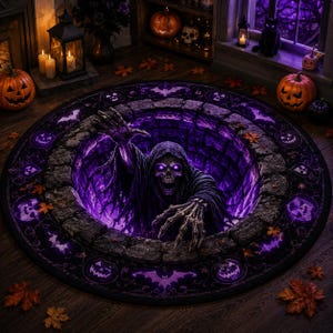 May include: A round rug featuring a 3D-style illustration of a stone well with a hooded skeleton figure emerging from the center. The design includes glowing purple light, bats, and jack-o'-lantern motifs on a dark, circular border.