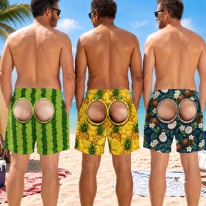 Funny Swim Trunks for Men, Fake Butt Gag Gift for Husband, Novelty Tropical Swim Shorts, Bachelor Party Gift, Humorous Mens Board Shorts