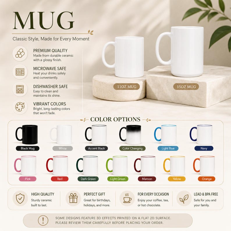 May include: A white ceramic mug available in 11oz and 15oz sizes. The image displays a variety of color options including black, white, accent black, color changing, light blue, navy, pink, red, dark green, light green, maroon, yellow, and orange.