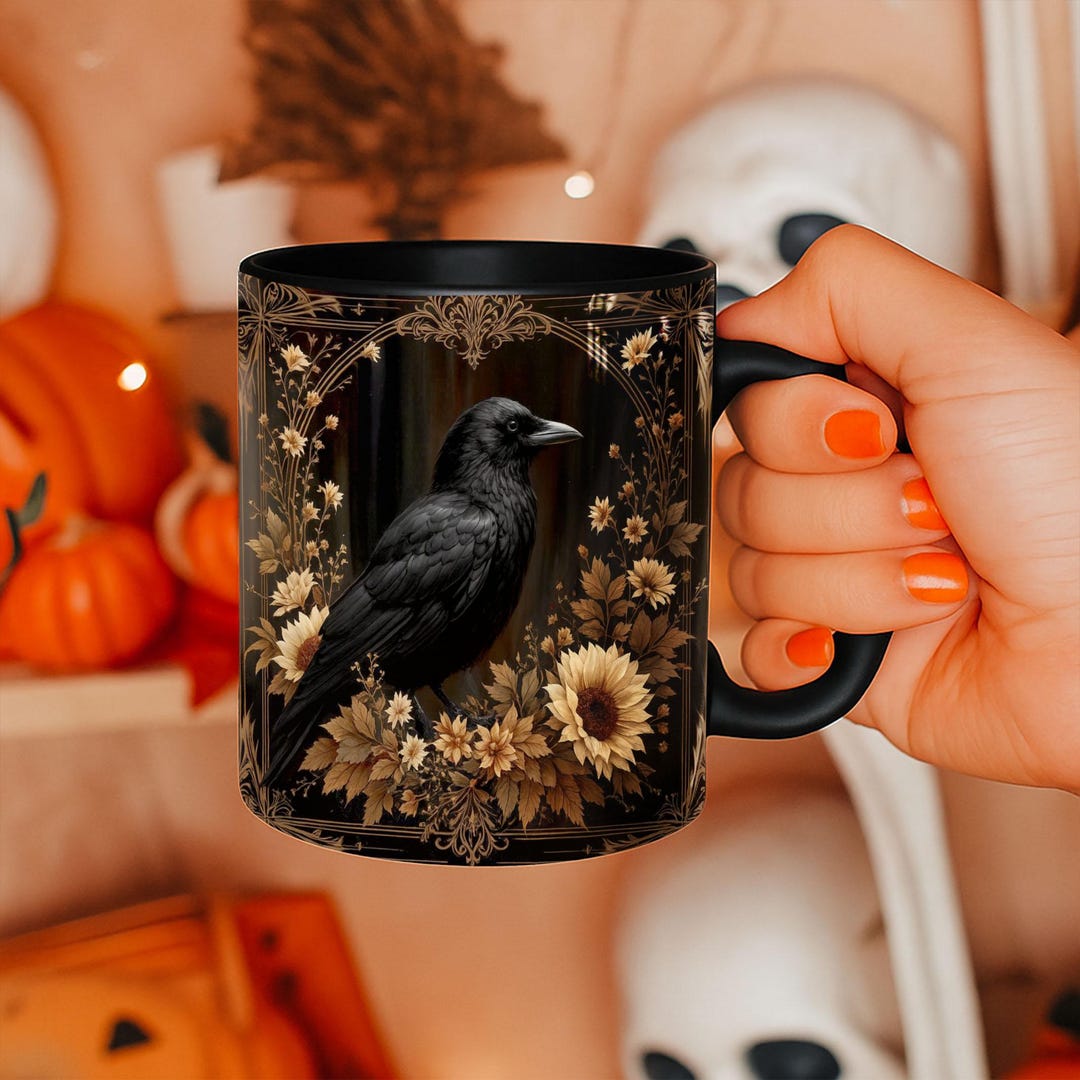 Black Raven Coffee Mug, Gothic Mug Spooky Art, Dark Aesthetic