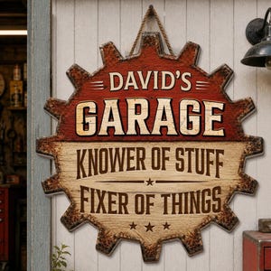 Placa de madeira personalizada para garagem, "Entendido em tudo, consertador de coisas", placa com engrenagem, decoração de parede personalizada para oficina mecânica, presente engraçado para pai faz-tudo