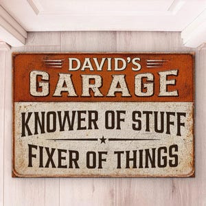 Tapete personalizado para porta de garagem, tapete "Entendido em tudo, Conserta tudo", tapete de boas-vindas personalizado para mecânico, presente engraçado para pai, marido ou avô.