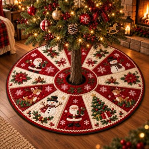May include: A circular quilted Christmas tree skirt featuring alternating red and cream panels decorated with embroidered motifs of Santa Claus, snowmen, reindeer, poinsettias, and a Christmas tree, all accented with white snowflake patterns.