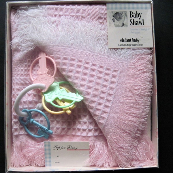 Pink Baby Blanket, NOS Fringed Shawl, Plastic Teething Key Ring, Newborn Gift, Still in Box, Choice of Two Colors