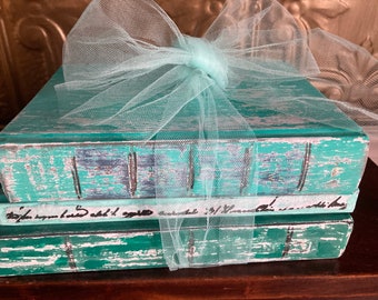 Farmhouse Inspired Books, 3 Piece Set, Aqua and White, Repurposed and Distressed, Home Decor