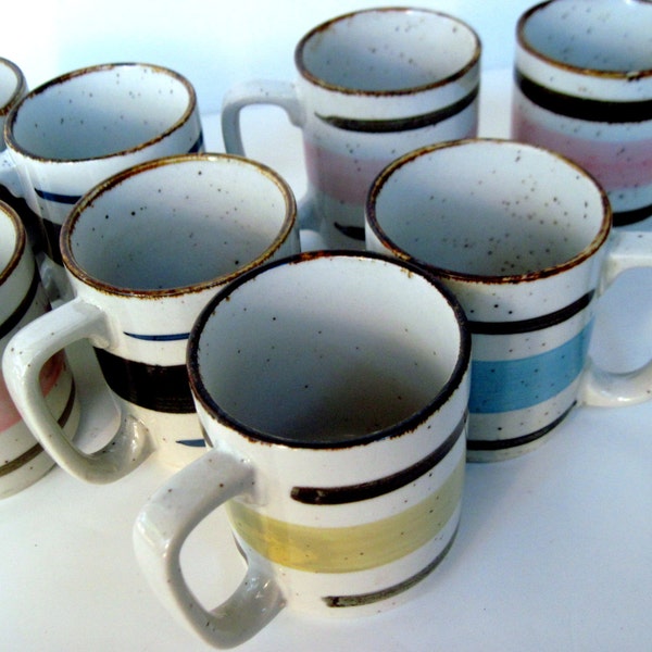 Vintage Coffee Mugs Retro Kitschy Art Deco Brown White Yellow Pink Blue Stripes Cottage Chic