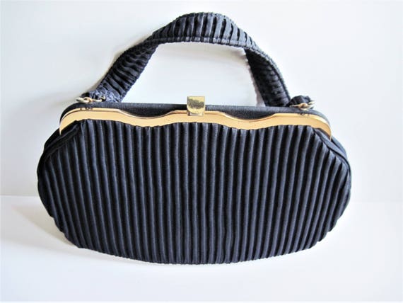 Navy Pleated Purse,  Pintuck Handbag, Vintage 194… - image 9