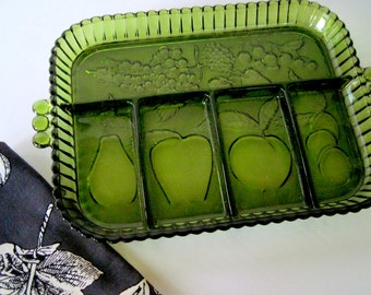 Indiana Glass Relish Tray, Green Divided Dish,  2 Handled Fruit Platter