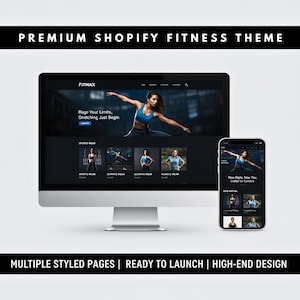 Può includere: Un monitor di computer e uno smartphone che mostrano un tema di sito web di fitness. Il sito web presenta immagini di abbigliamento sportivo e il testo "Rage Your Limits, Stretching Just Begin". Il tema è "Premium Shopify Fitness Theme."