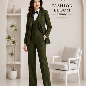女性用美しいスーツ、オリーブグリーンの3ピーススーツ、上品なギフトスーツ、ファッションブルームスタジオスーツ