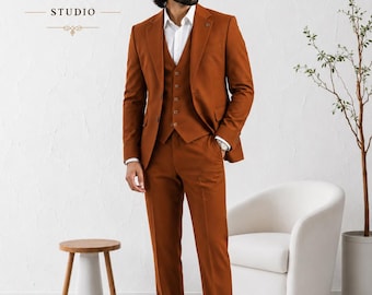 Men's Rust 3 Piece Suit for Groom, Wedding Blazer Vest & Pants Set, Slim Fit Formal Business Suit, Groomsmen Outfit, Custom Tailored