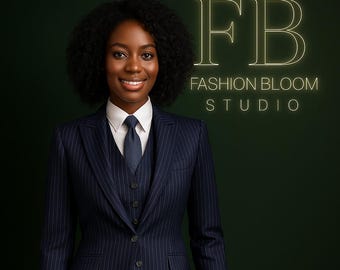 Completo da donna elegante a righe blu, 3 pezzi, Bloom Studio Tailoring