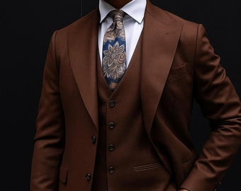 Mens Brown 3 Piece Suit, Elegant Slim Fit