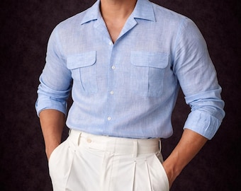 Mens Linen Shirt 2 Pocket Linen Slim Fit Office Business Attire Event Ready