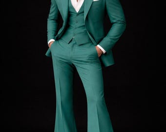 Handmade 70s Green Flared PantSuit Wide Lapel 2 Piece Wedding Outfit