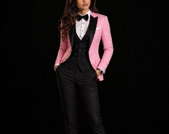 Pink And Black Wedding Engagement Outfit Women 3 Piece Elegant Suit