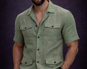 Camisa de lino informal de verano para hombre, color verde safari, con cuatro bolsillos.