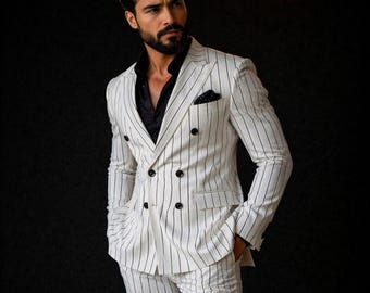 Men's White And Black Pinstripe 2 Piece Double Breasted Groomsmen Tailored