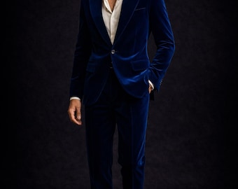Mens Velvet Blue Stylish Suit Men 2 Piece PantSuit