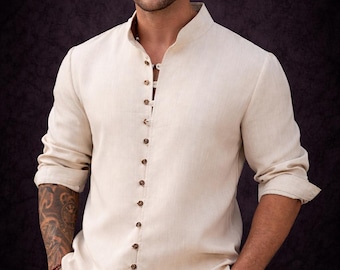 Herren Beige Leinenhemd Stilvolle Hochzeit Party Wear Shirt