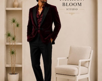 Veste de smoking en velours bordeaux pour homme, col châle, fermeture brandebourg, tenue de soirée deux pièces pour marié
