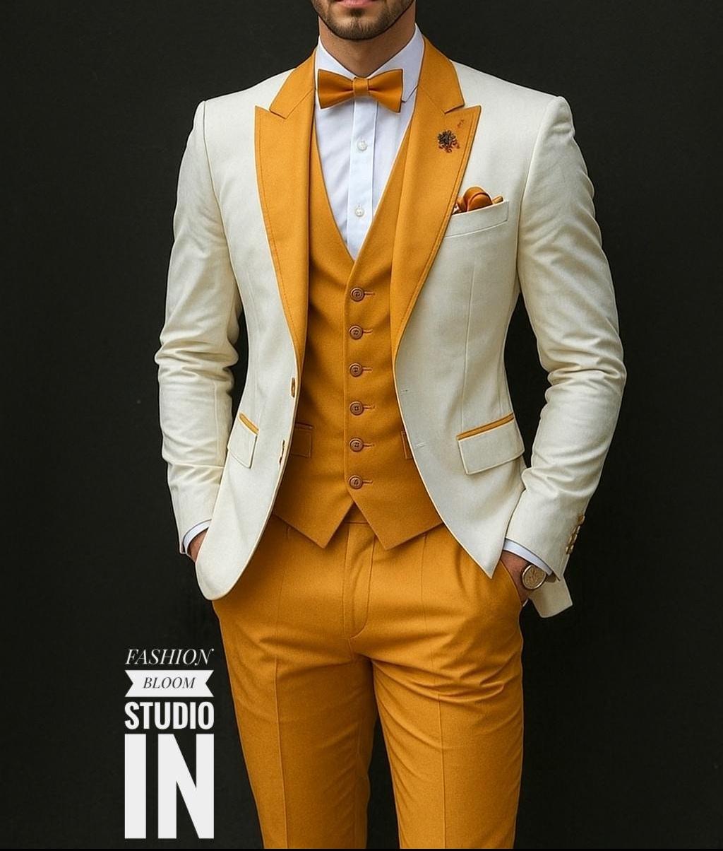 white suit with yellow tie
