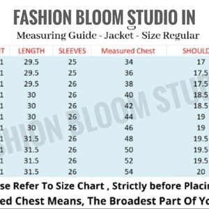 May include: A size chart from Fashion Bloom Studio In for jacket measurements. The chart includes sizes from 34R to 54R, with corresponding measurements for height, length (in inches), sleeves (in inches), measured chest (in inches), shoulder (in inches), and neck (in inches).