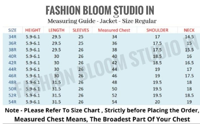 May include: A size chart from Fashion Bloom Studio In for jacket measurements. The chart includes sizes from 34R to 54R, with corresponding measurements for height, length (in inches), sleeves (in inches), measured chest (in inches), shoulder (in inches), and neck (in inches).