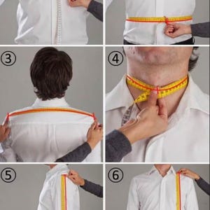 May include: A series of six images demonstrating how to measure a person for a dress shirt. The images show measurements for chest, waist, shoulders, neck, sleeve length, and overall shirt length. A yellow measuring tape is used.