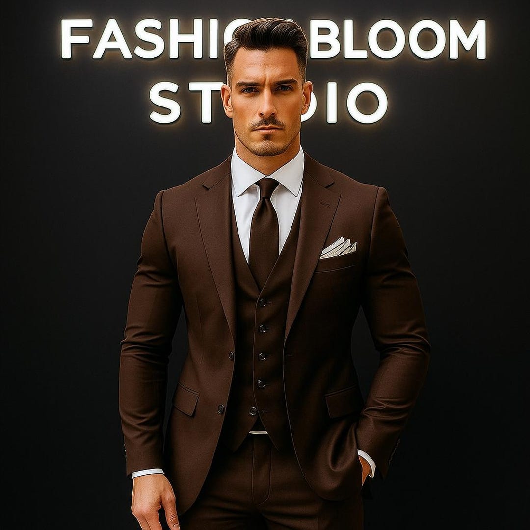 Men's Chocolate Brown 3 Piece Suit, Slim Fit Shawl Lapel Wedding