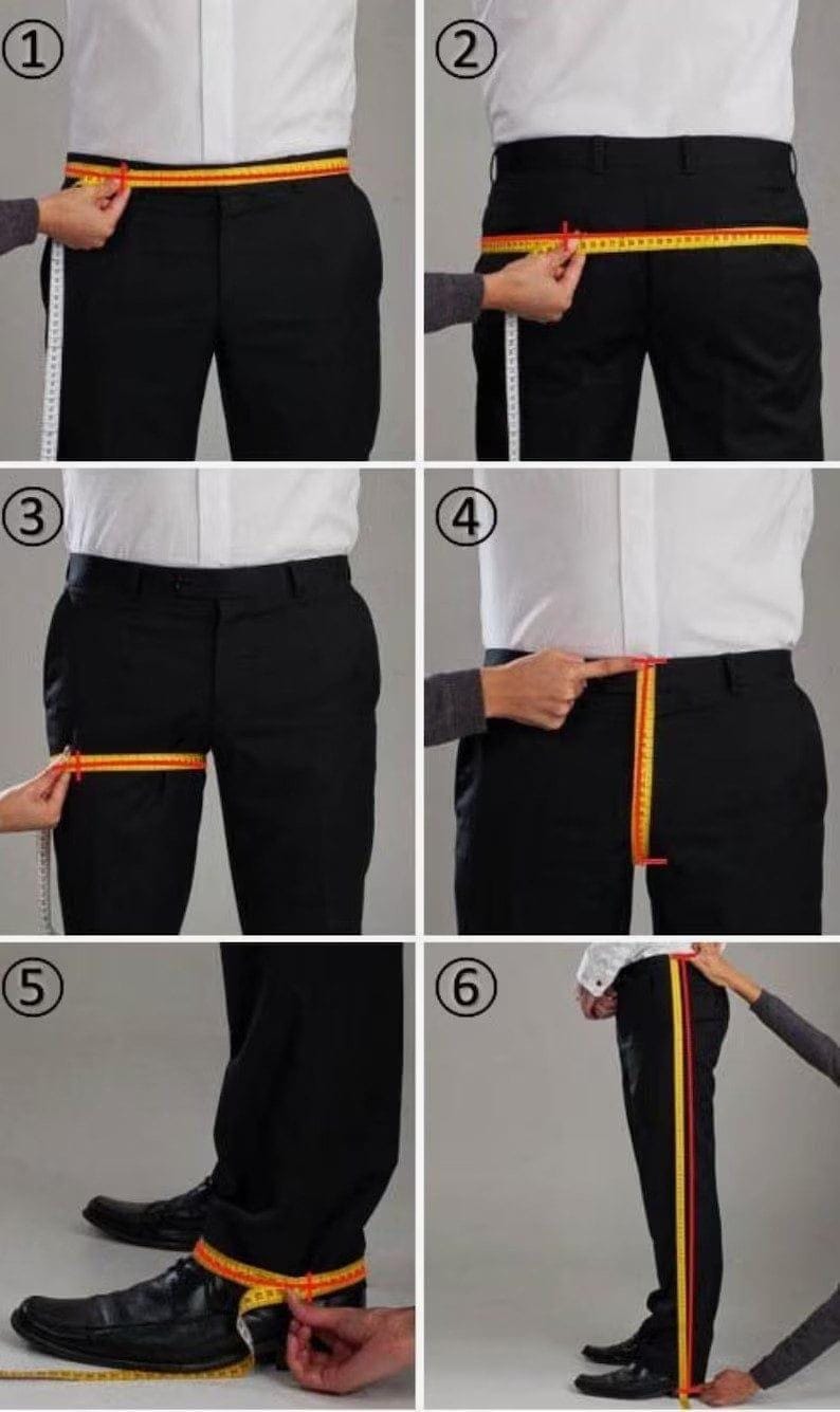 May include: A series of six images demonstrating how to measure for pants. A person in a white shirt and black pants is measured with a yellow and red measuring tape around the waist, hips, thigh, and inseam. The measurements are in inches.
