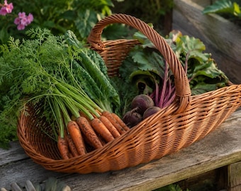 Wicker Harvest Basket, Garden Gathering Basket, Vegetable Picking Basket, Willow Garden Carrier, Flower Basket