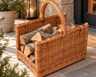 May include: A rectangular woven wicker log basket with a high arched handle, featuring a natural light brown finish. The basket is filled with several pieces of split firewood with visible bark and light-colored wood grain on the ends.