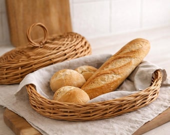Wicker Bread Basket with Lid - Handmade Rattan Bread Box - Rustic Kitchen Storage - Boho Bread Holder - Natural or White - 15.7x11.8x5.9 in