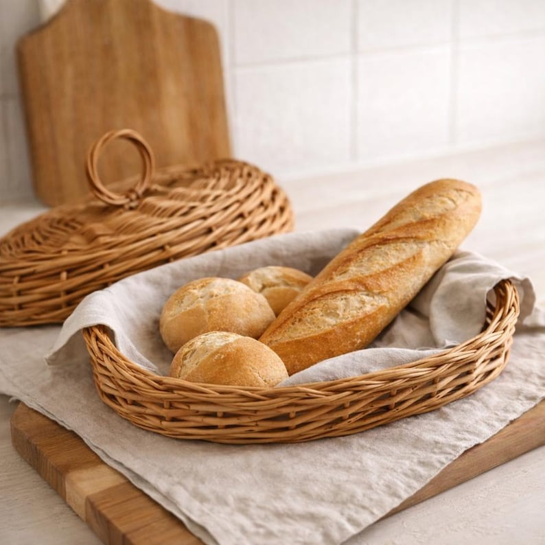 Cesta de pan de mimbre con tapa - Panera de ratán hecha a mano - Almacenamiento rústico para cocina - Panera bohemia - Natural o blanca - 40 x 30 x 15 cm imagen 1
