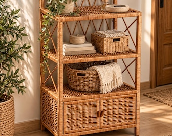 May include: A tall, rectangular, light brown wicker shelving unit with three open shelves and a bottom cabinet with two doors. The shelves hold a potted ivy plant, a small round container, stacked books, a woven basket, and a textured throw.