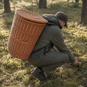 きのこ採り用バックパックバスケット、バックパックストラップまたはハンドル付き籐製採集バスケット、大型柳製収穫バスケット