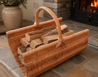 May include: A light brown woven wicker log basket with a single arched handle, filled with several pieces of split firewood. The basket features a rectangular base and a sturdy, open-top design constructed from natural, flexible willow reeds.