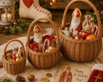 May include: Three woven wicker baskets filled with holiday treats including chocolate Saint Nicholas figures, candy canes, wrapped gifts, a small angel figurine, and nuts. A card with the text Happy St. Nicholas Day is placed in front.